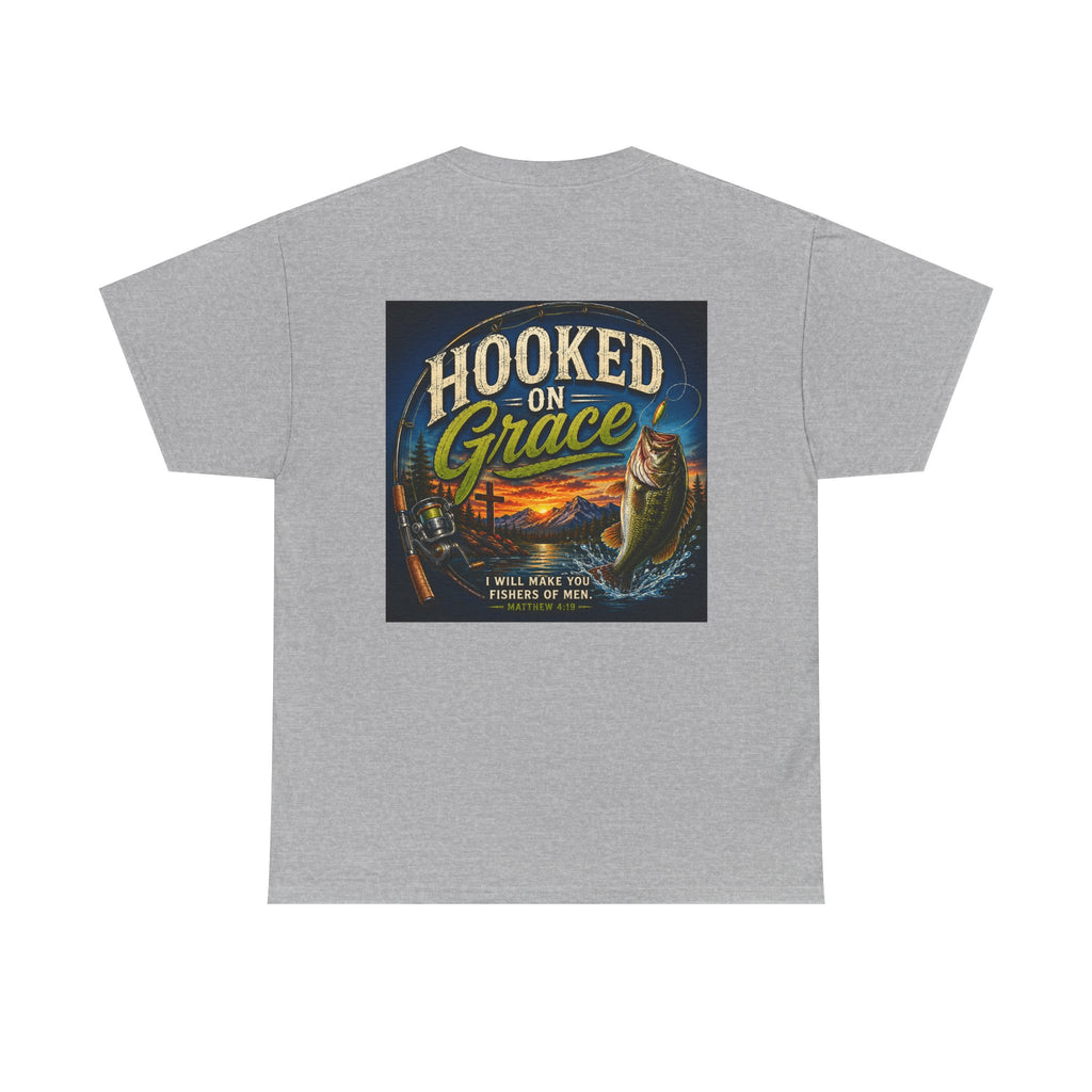 Hooked on Grace Christian Fishing T-Shirt | Faith Based Outdoor Unisex Heavy Cotton Tee