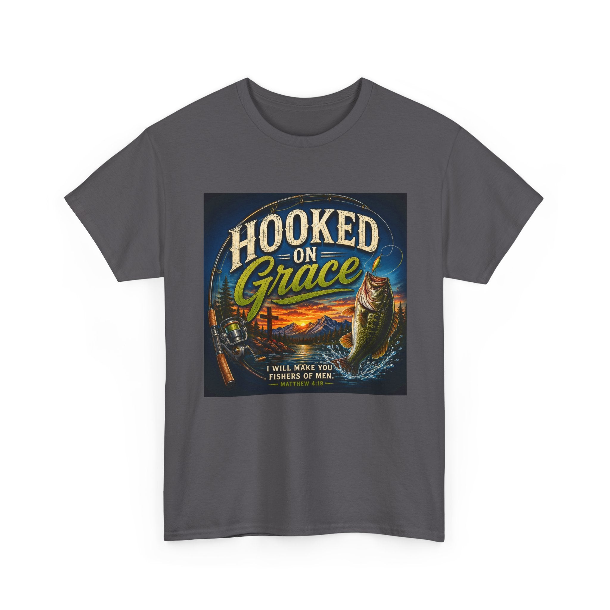 Hooked on Grace Christian Fishing T-Shirt | Faith Based Outdoor Unisex Heavy Cotton Tee