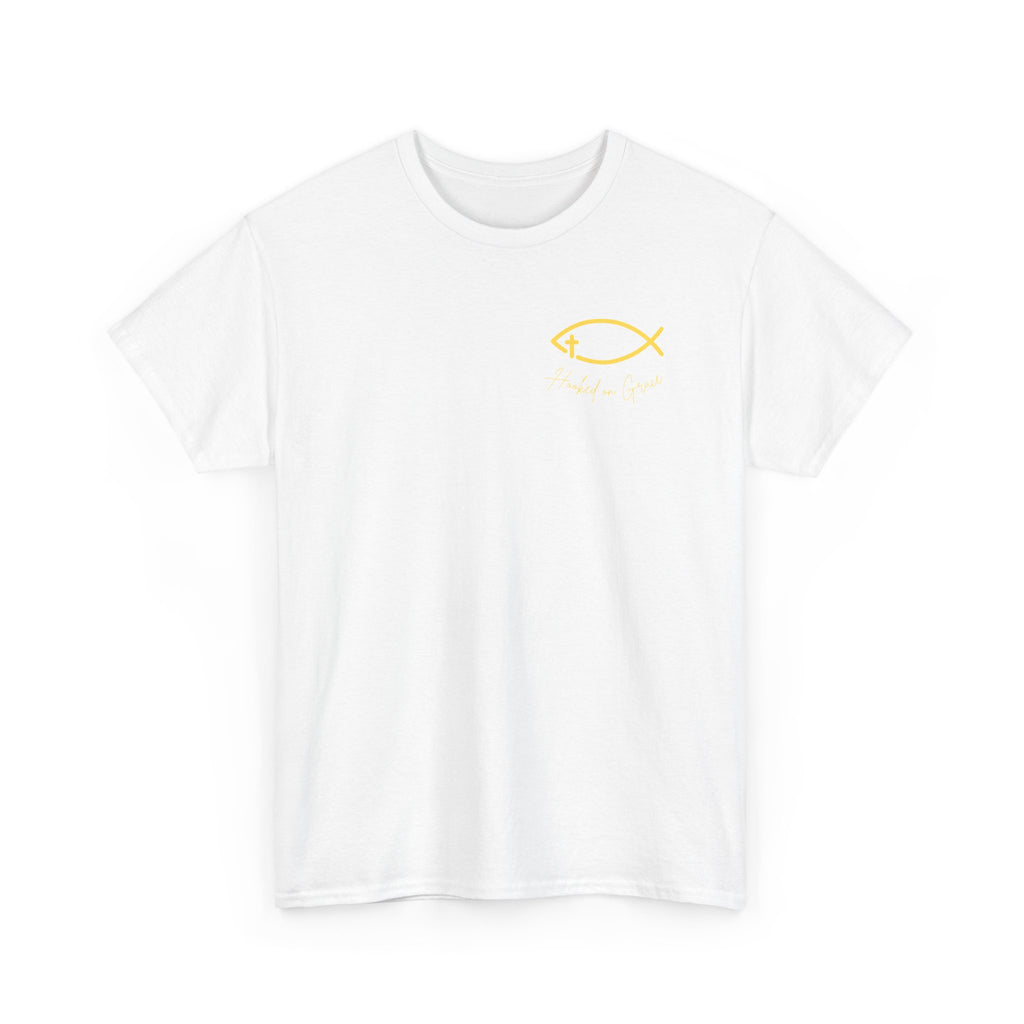 Hooked on Grace Christian Fishing Shirt | Faith-Based Outdoor Tee | Inspirational Fisherman Graphic T-Shirt Unisex Heavy Cotton Tee