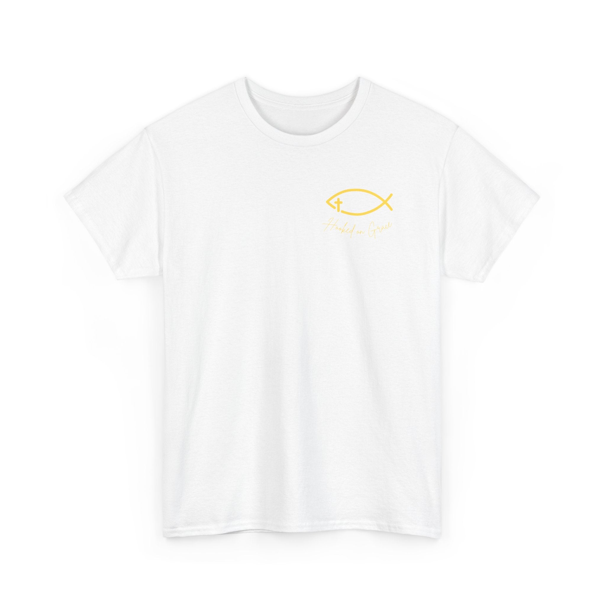 Hooked on Grace Christian Fishing Shirt | Faith-Based Outdoor Tee | Inspirational Fisherman Graphic T-Shirt Unisex Heavy Cotton Tee