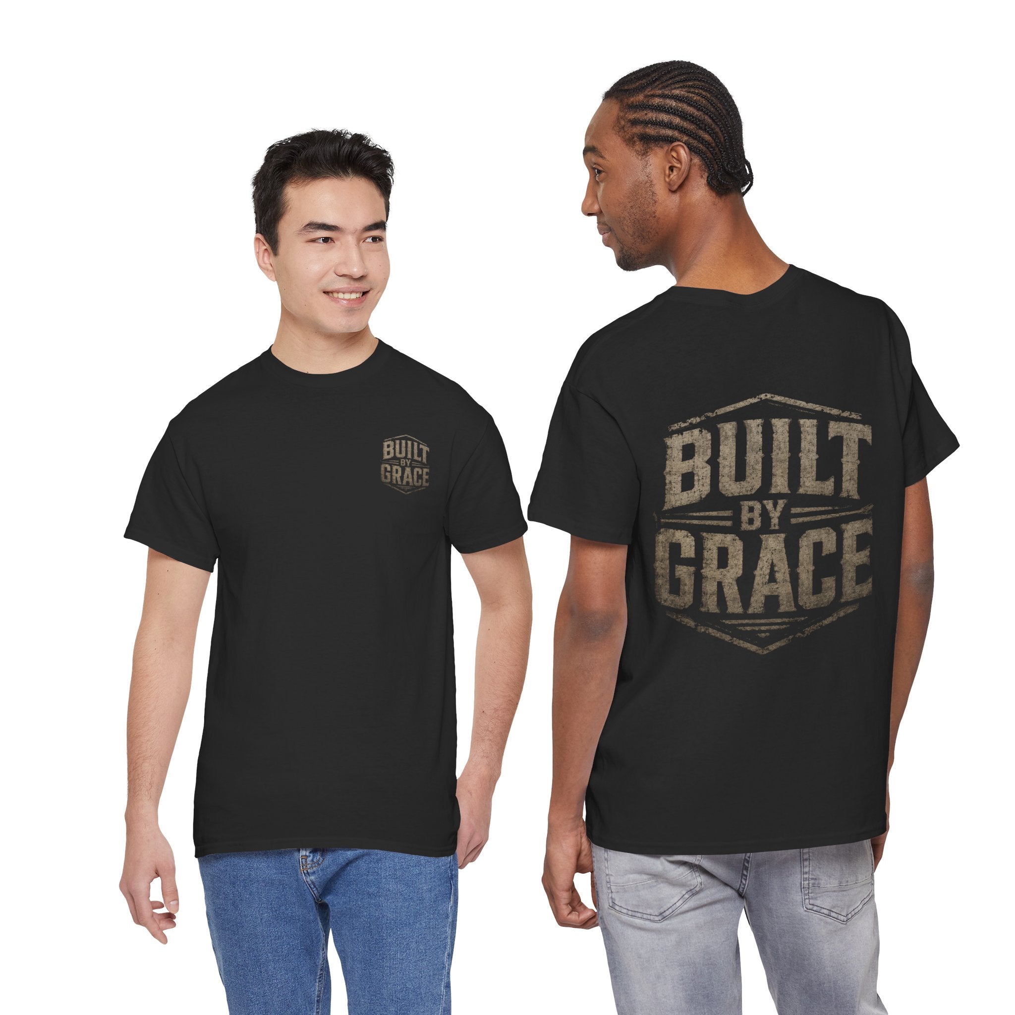Built By Grace Christian T-Shirt | Rugged Faith-Based Graphic Tee | Inspirational Western Style Unisex Heavy Cotton Tee