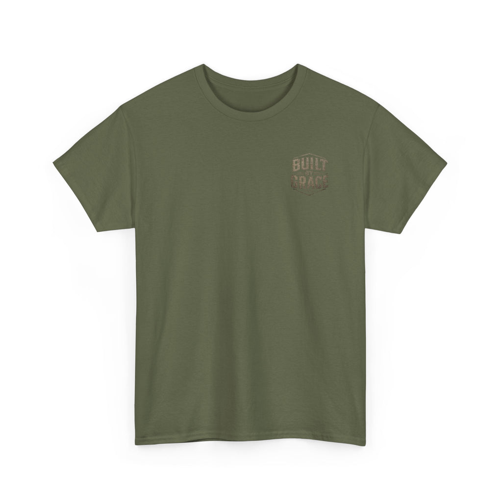 Built By Grace Christian T-Shirt | Rugged Faith-Based Graphic Tee | Inspirational Western Style Unisex Heavy Cotton Tee