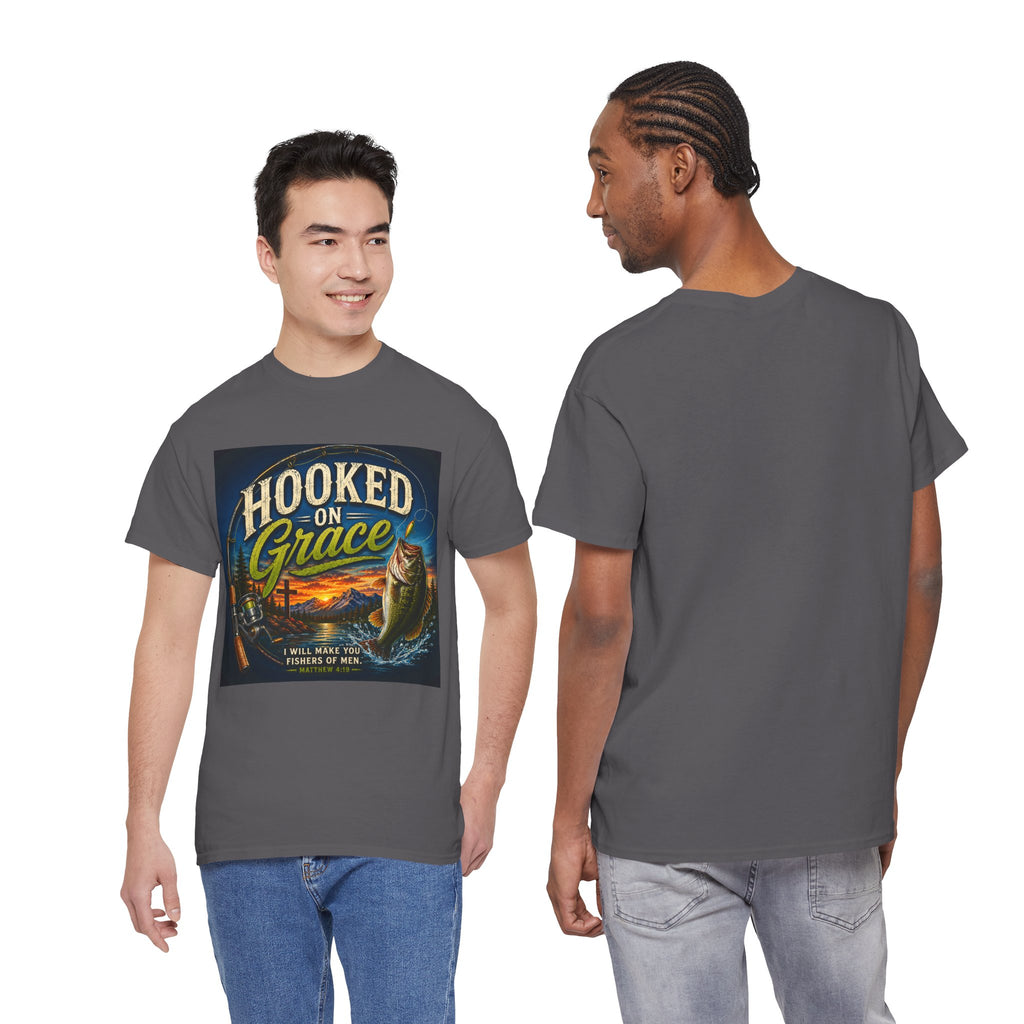 Hooked on Grace Christian Fishing T-Shirt | Faith Based Outdoor Unisex Heavy Cotton Tee