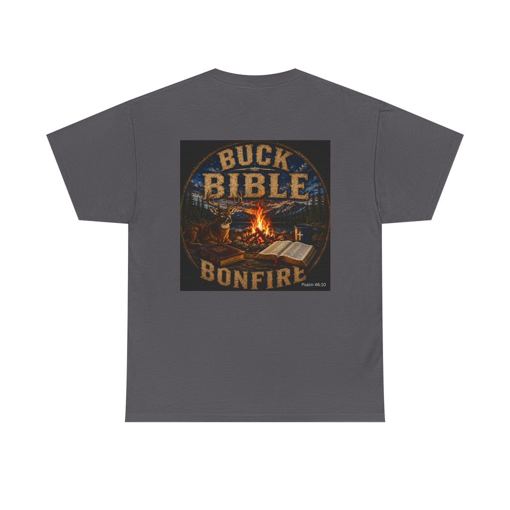 Buck Bible Bonfire Christian Hunting Shirt | Faith Outdoors T-Shirt | Rustic Campfire Deer Unisex Heavy Cotton Tee