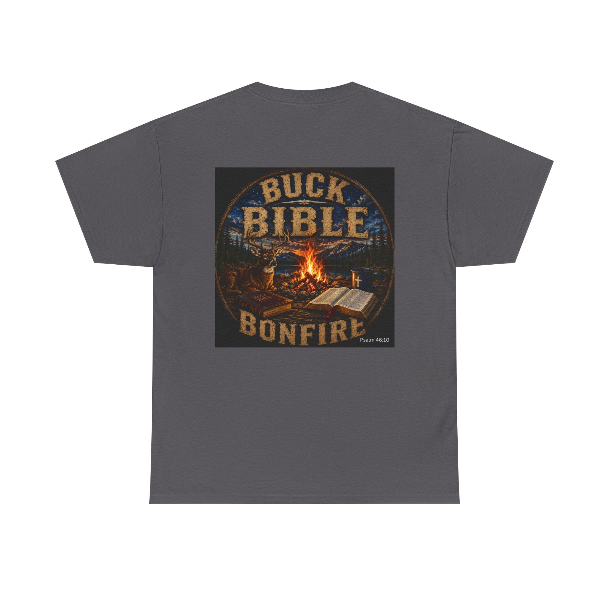 Buck Bible Bonfire Christian Hunting Shirt | Faith Outdoors T-Shirt | Rustic Campfire Deer Unisex Heavy Cotton Tee