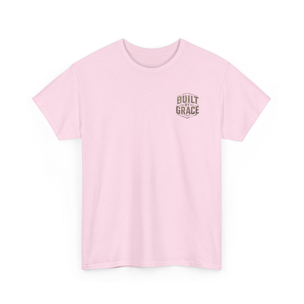 Built By Grace Christian T-Shirt | Rugged Faith-Based Graphic Tee | Inspirational Western Style Unisex Heavy Cotton Tee