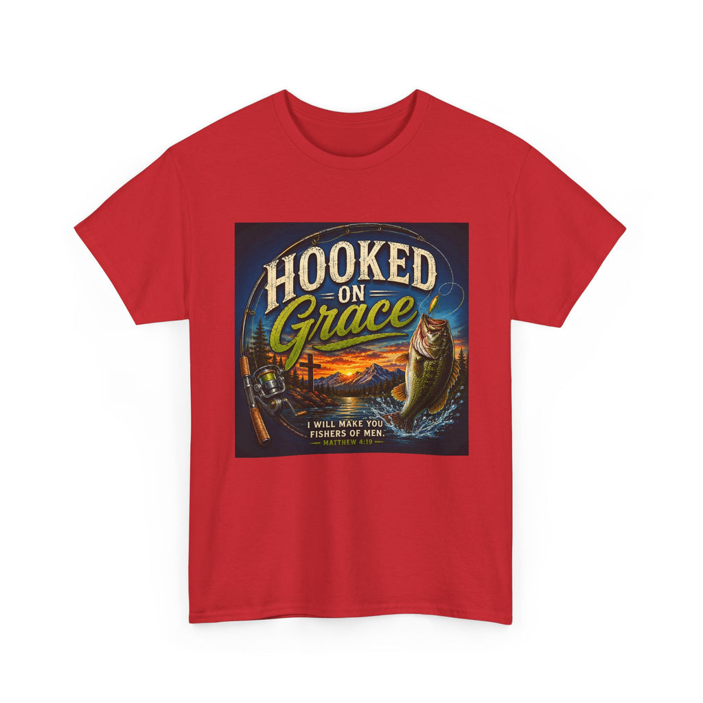 Hooked on Grace Christian Fishing T-Shirt | Faith Based Outdoor Unisex Heavy Cotton Tee