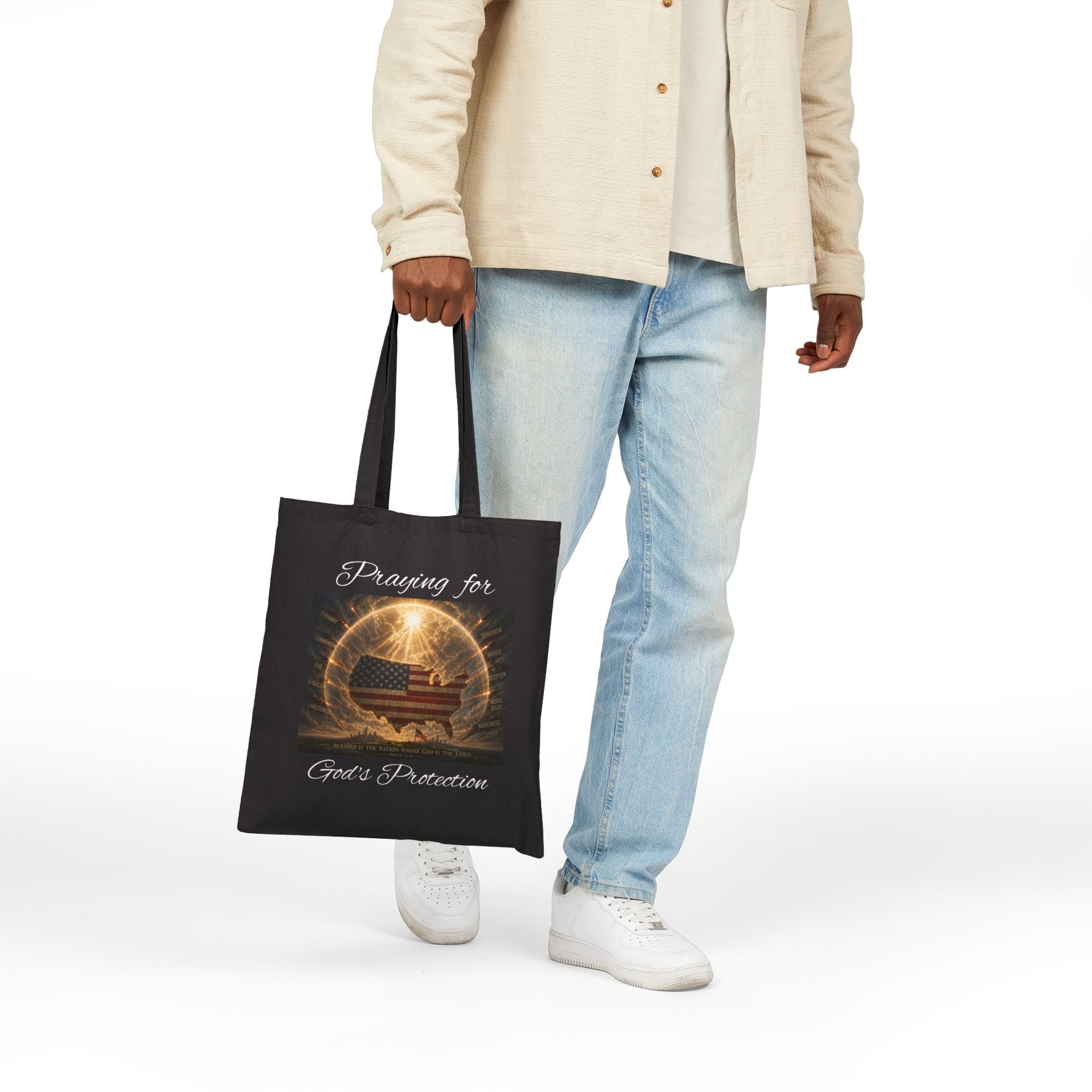 Praying for God’s Protection Patriotic Christian Cotton Tote Bag