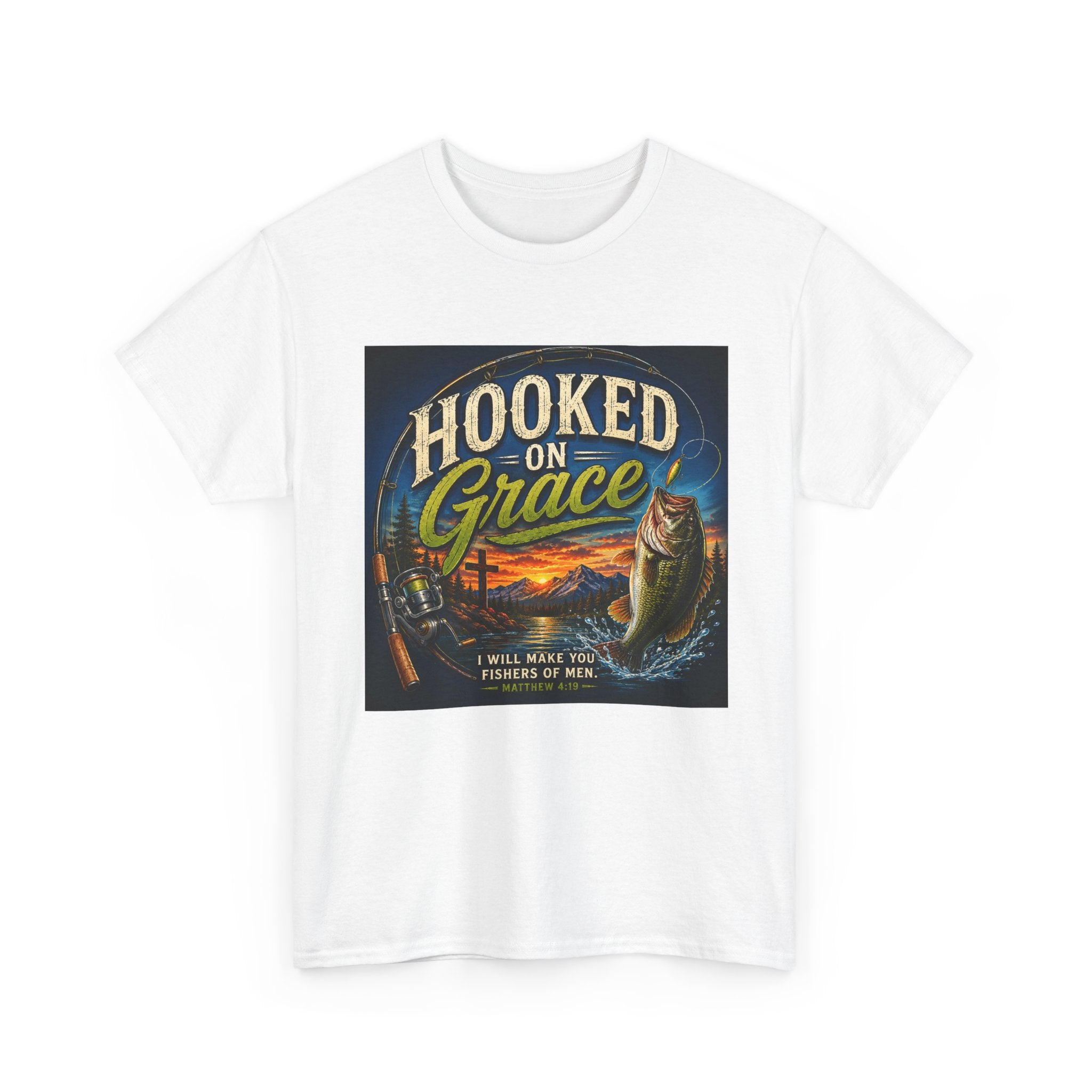 Hooked on Grace Christian Fishing T-Shirt | Faith Based Outdoor Unisex Heavy Cotton Tee