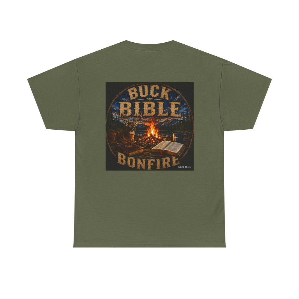 Buck Bible Bonfire Christian Hunting Shirt | Faith Outdoors T-Shirt | Rustic Campfire Deer Unisex Heavy Cotton Tee