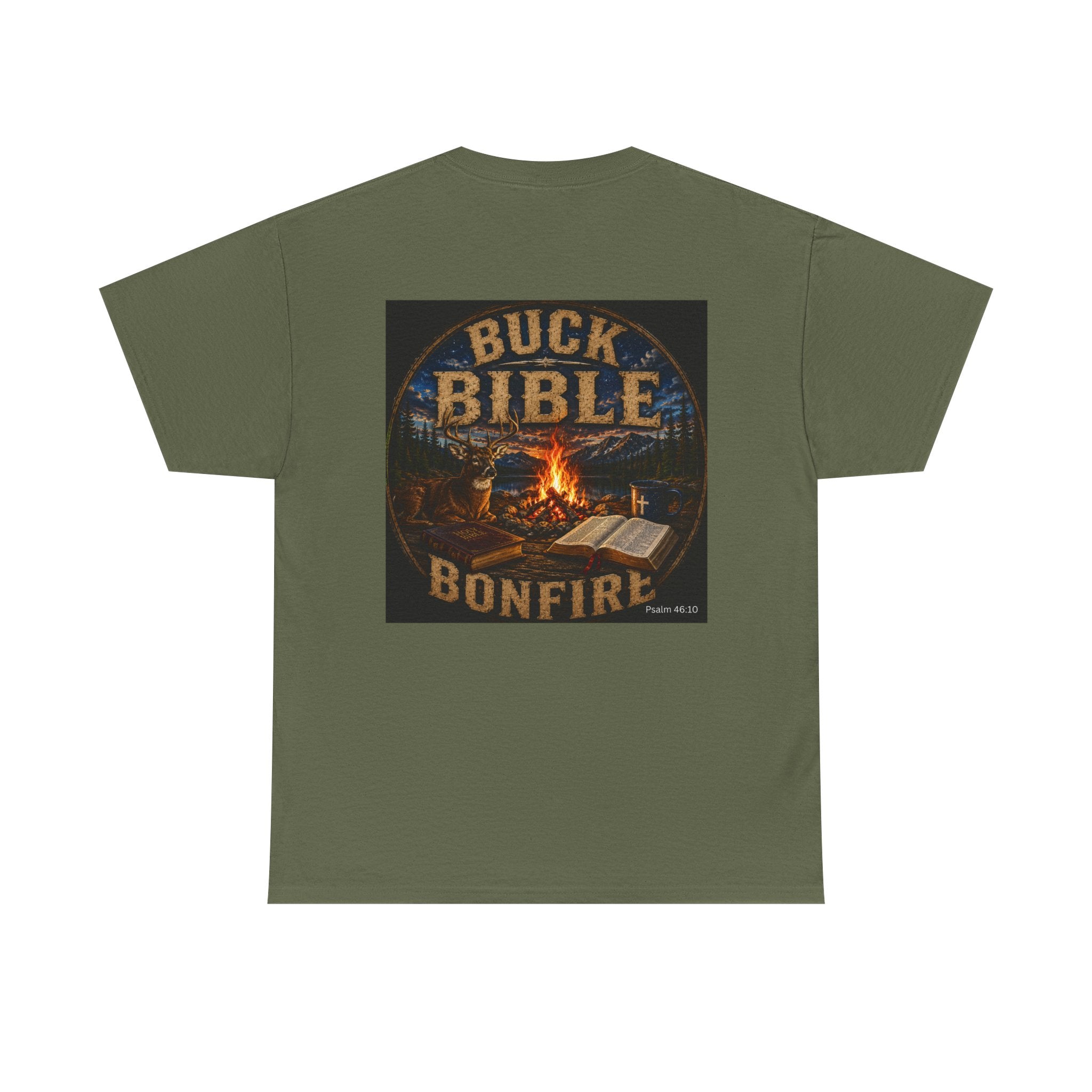 Buck Bible Bonfire Christian Hunting Shirt | Faith Outdoors T-Shirt | Rustic Campfire Deer Unisex Heavy Cotton Tee