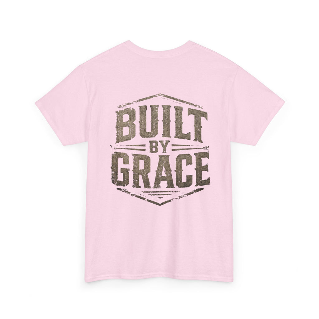 Built By Grace Christian T-Shirt | Rugged Faith-Based Graphic Tee | Inspirational Western Style Unisex Heavy Cotton Tee