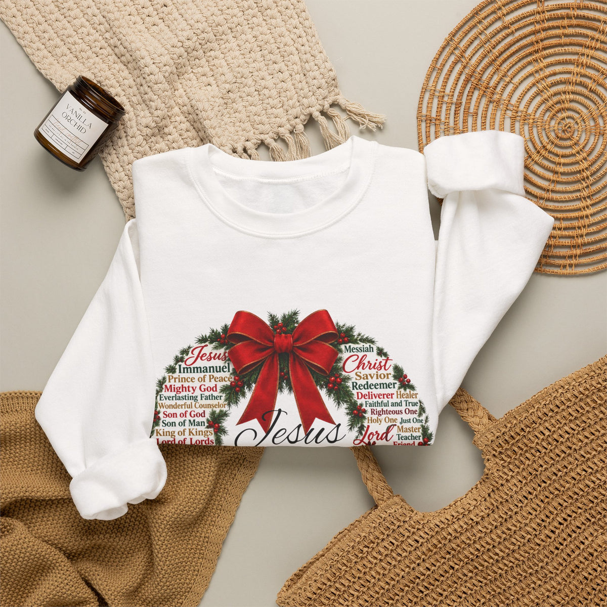 Names of Jesus Christmas Wreath Christian Heavy Blend™ Crewneck Sweatshirt