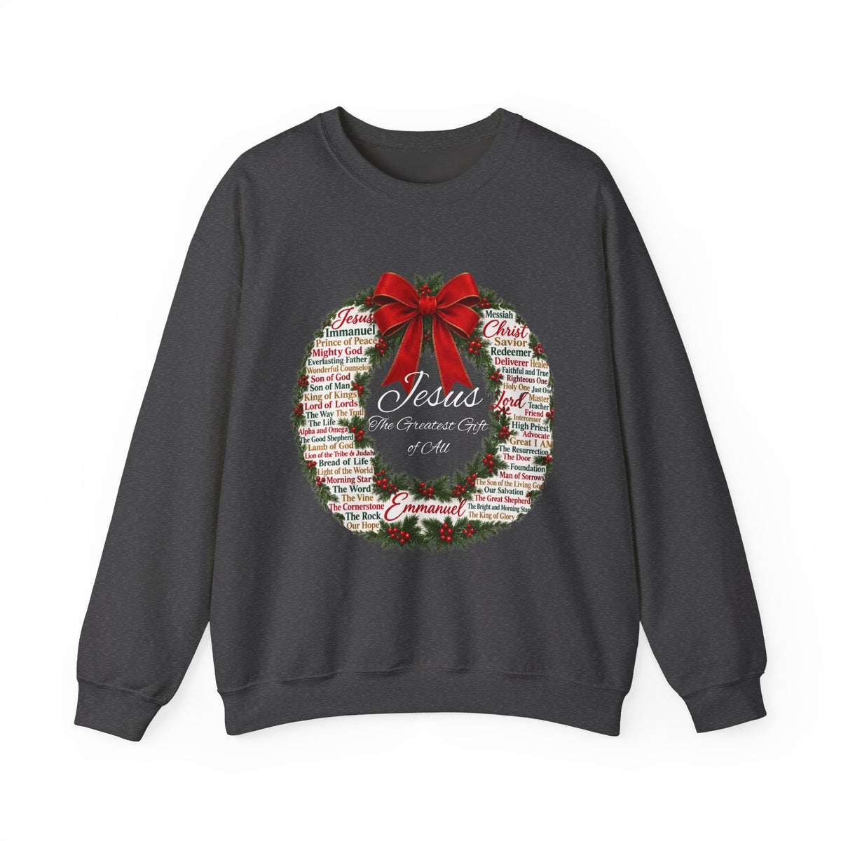 Names of Jesus Christmas Wreath Christian Heavy Blend™ Crewneck Sweatshirt
