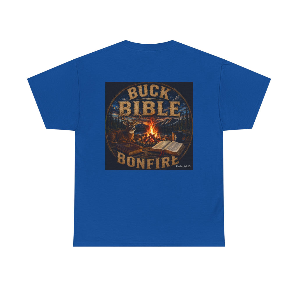 Buck Bible Bonfire Christian Hunting Shirt | Faith Outdoors T-Shirt | Rustic Campfire Deer Unisex Heavy Cotton Tee