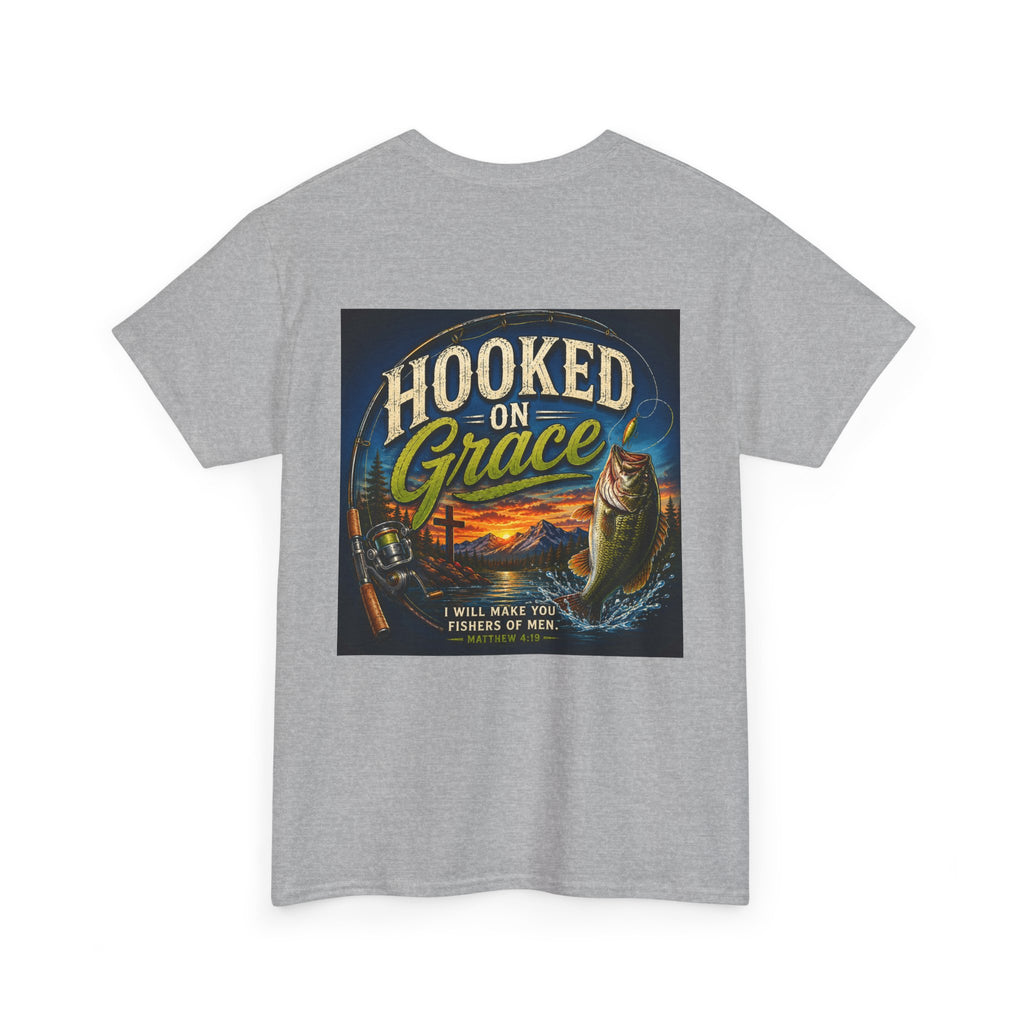 Hooked on Grace Christian Fishing Shirt | Faith-Based Outdoor Tee | Inspirational Fisherman Graphic T-Shirt Unisex Heavy Cotton Tee