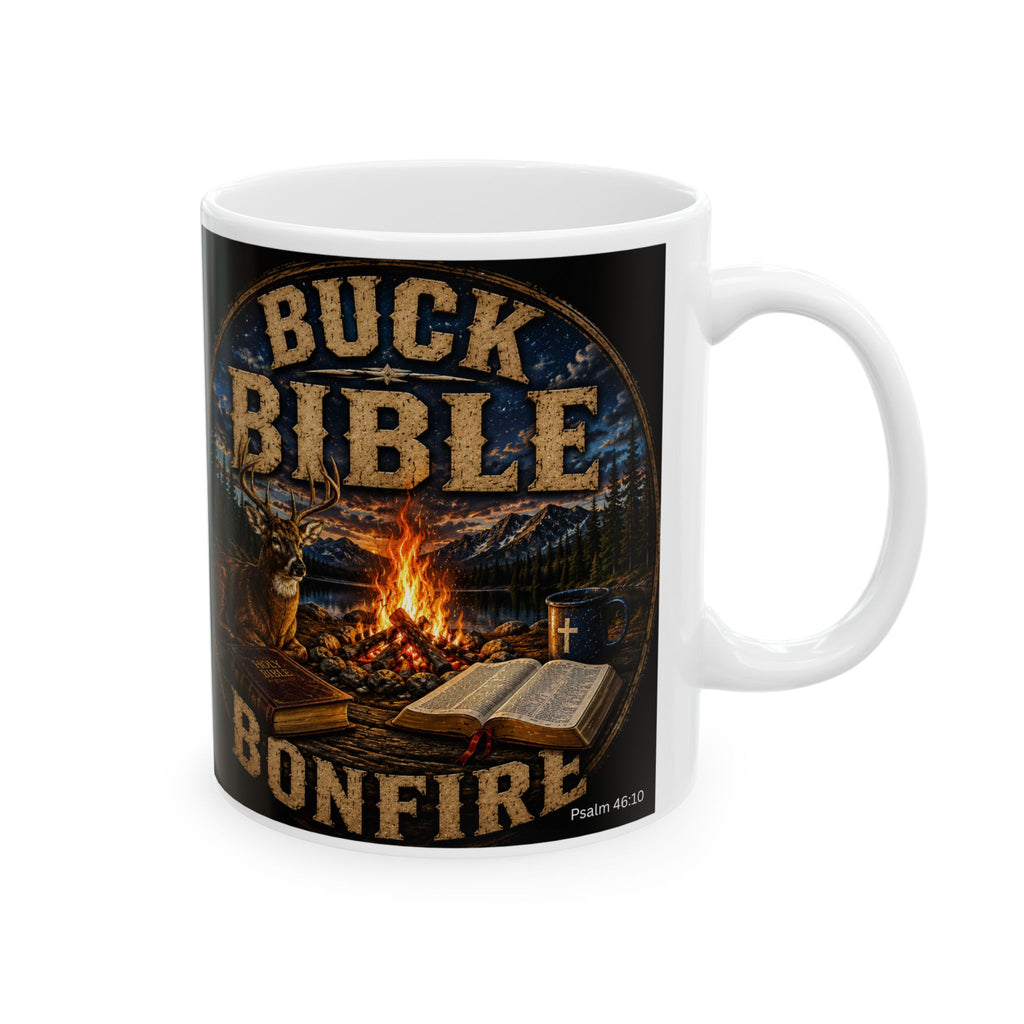 Buck Bible Bonfire Christian Coffee Mug – Faith Inspired Campfire Mug -Ceramic Mug, (11oz, 15oz)