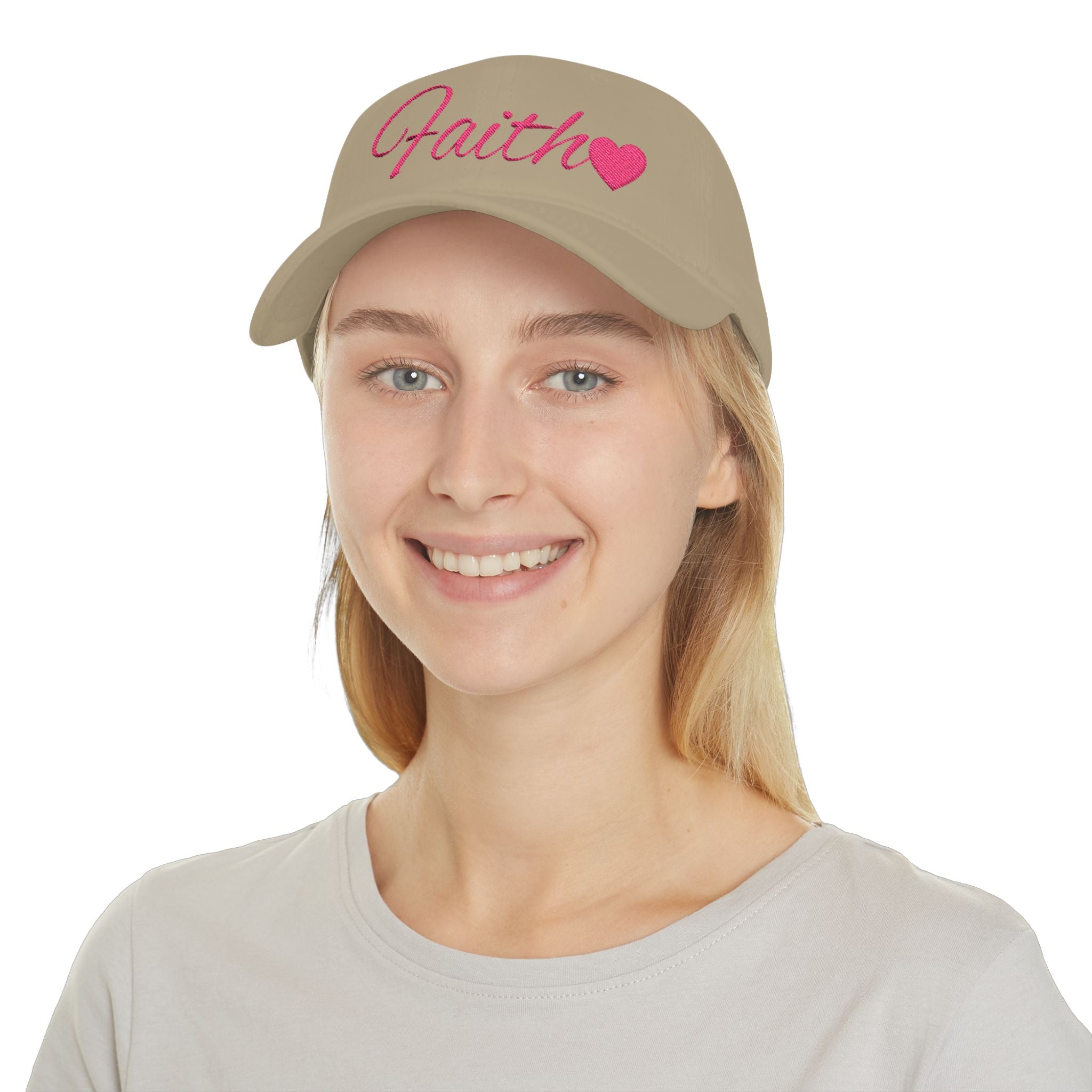 Faith Heart Embroidered Christian Cap – inspirational with Pink Script Design Low Profile Baseball Cap