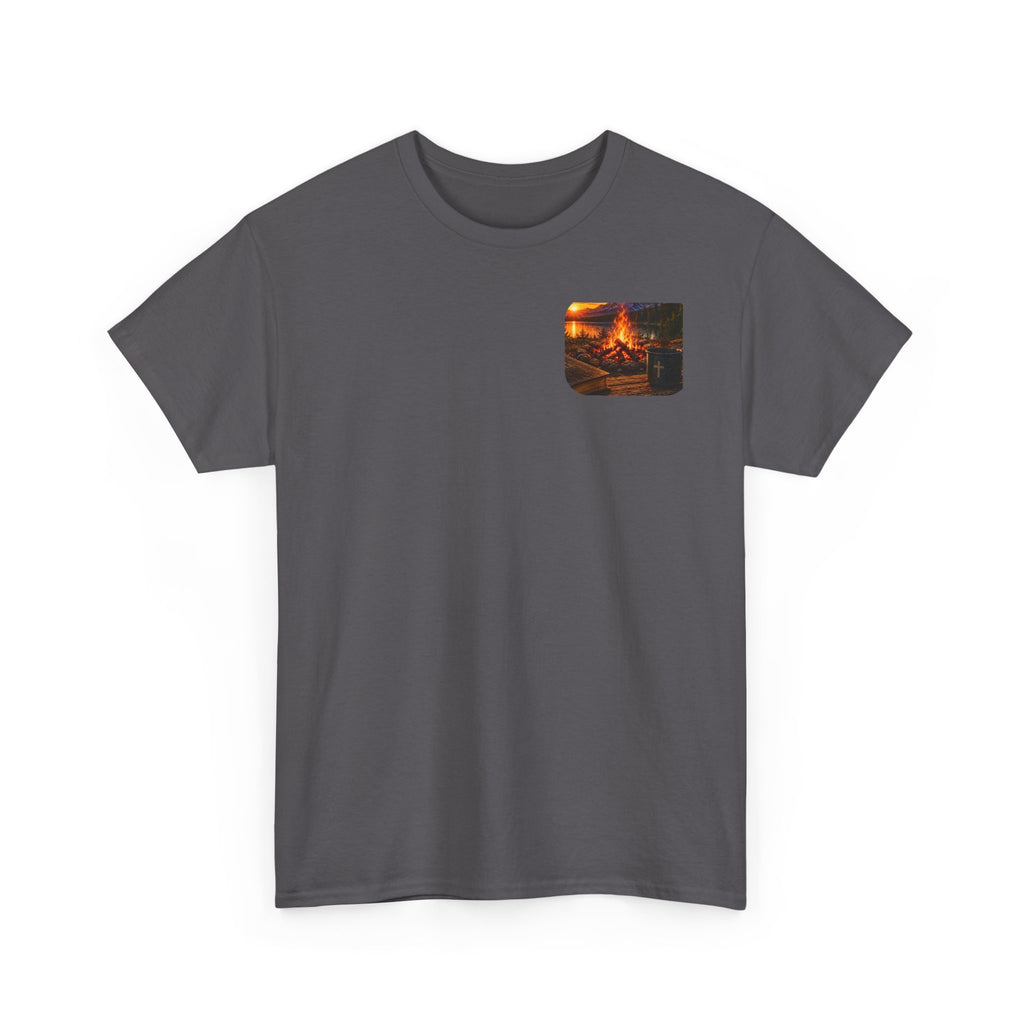 Buck Bible Bonfire Christian Hunting Shirt | Faith Outdoors T-Shirt | Rustic Campfire Deer Unisex Heavy Cotton Tee