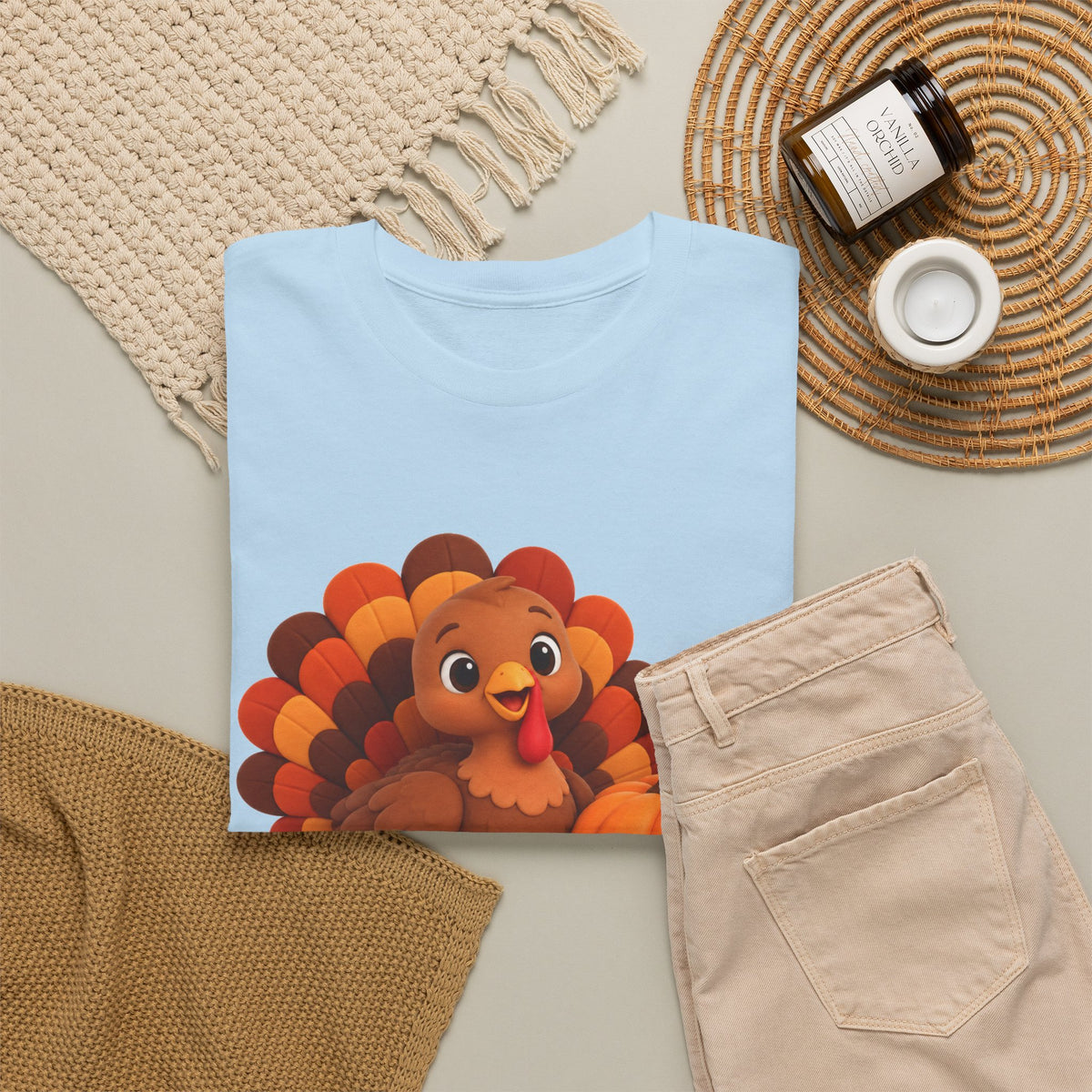 Be Thankful Thanksgiving Turkey & Pumpkin T-Shirt – Cute Fall Holiday Graphic Unisex Heavy Cotton Tee