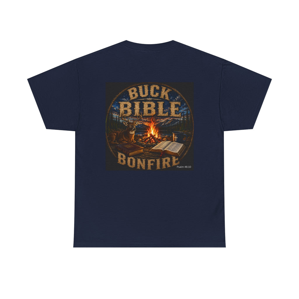 Buck Bible Bonfire Christian Hunting Shirt | Faith Outdoors T-Shirt | Rustic Campfire Deer Unisex Heavy Cotton Tee