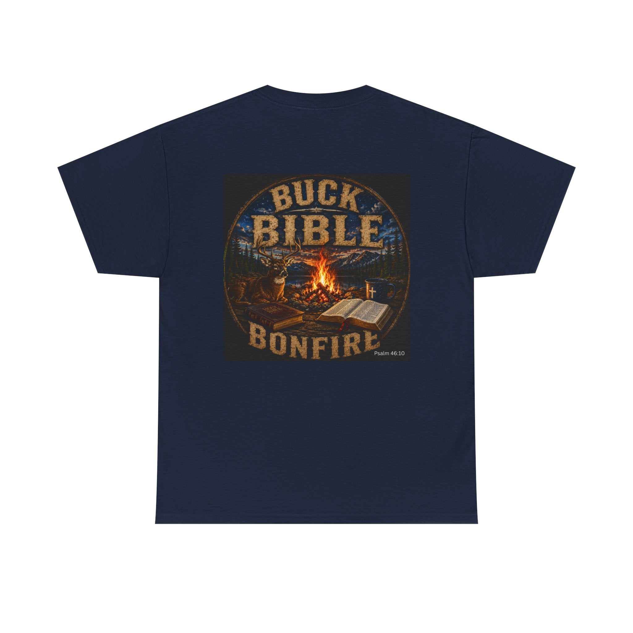 Buck Bible Bonfire Christian Hunting Shirt | Faith Outdoors T-Shirt | Rustic Campfire Deer Unisex Heavy Cotton Tee
