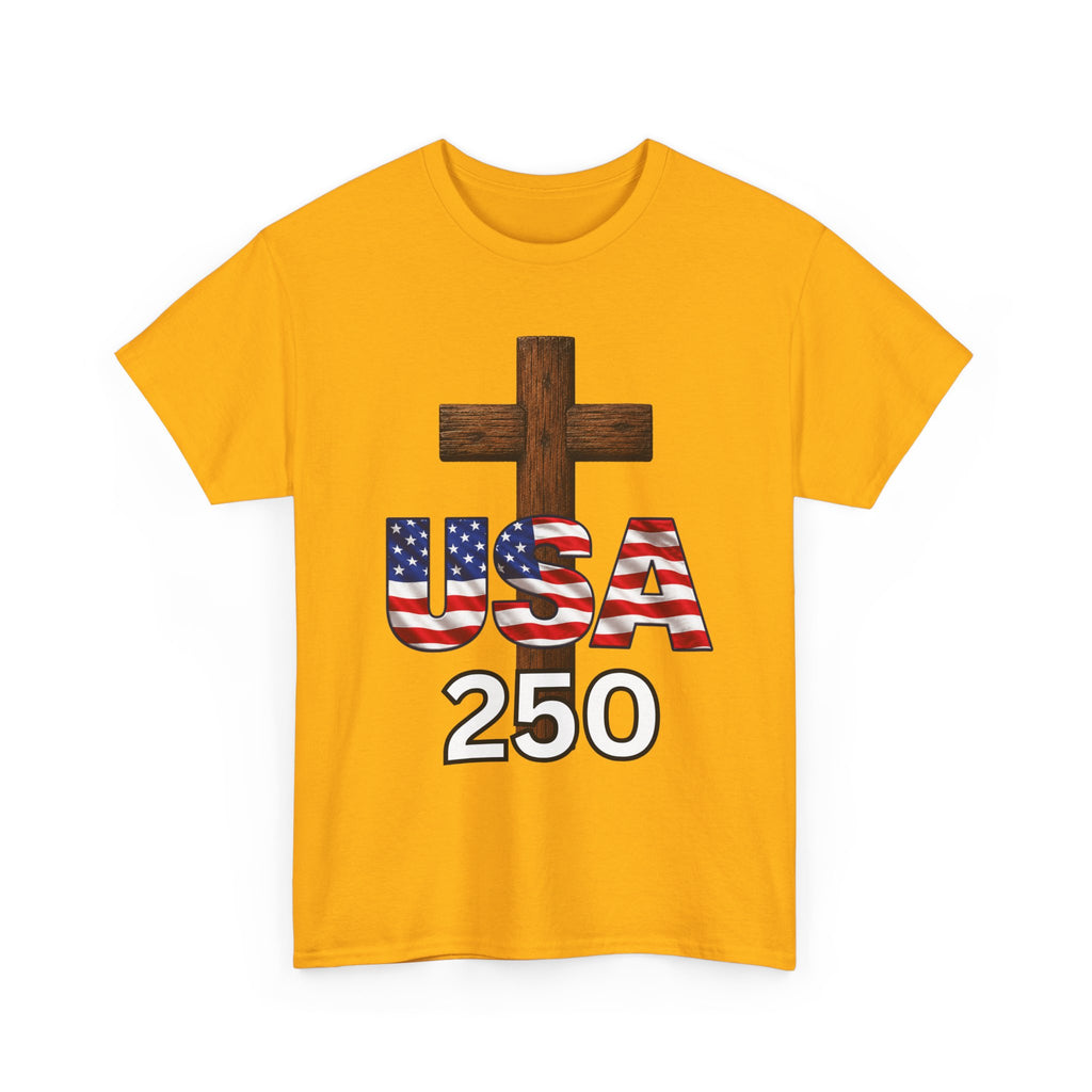 USA 250 Christian Patriotic Cross T-Shirt – America’s 250th Anniversary Faith & Freedom Unisex Heavy Cotton Tee