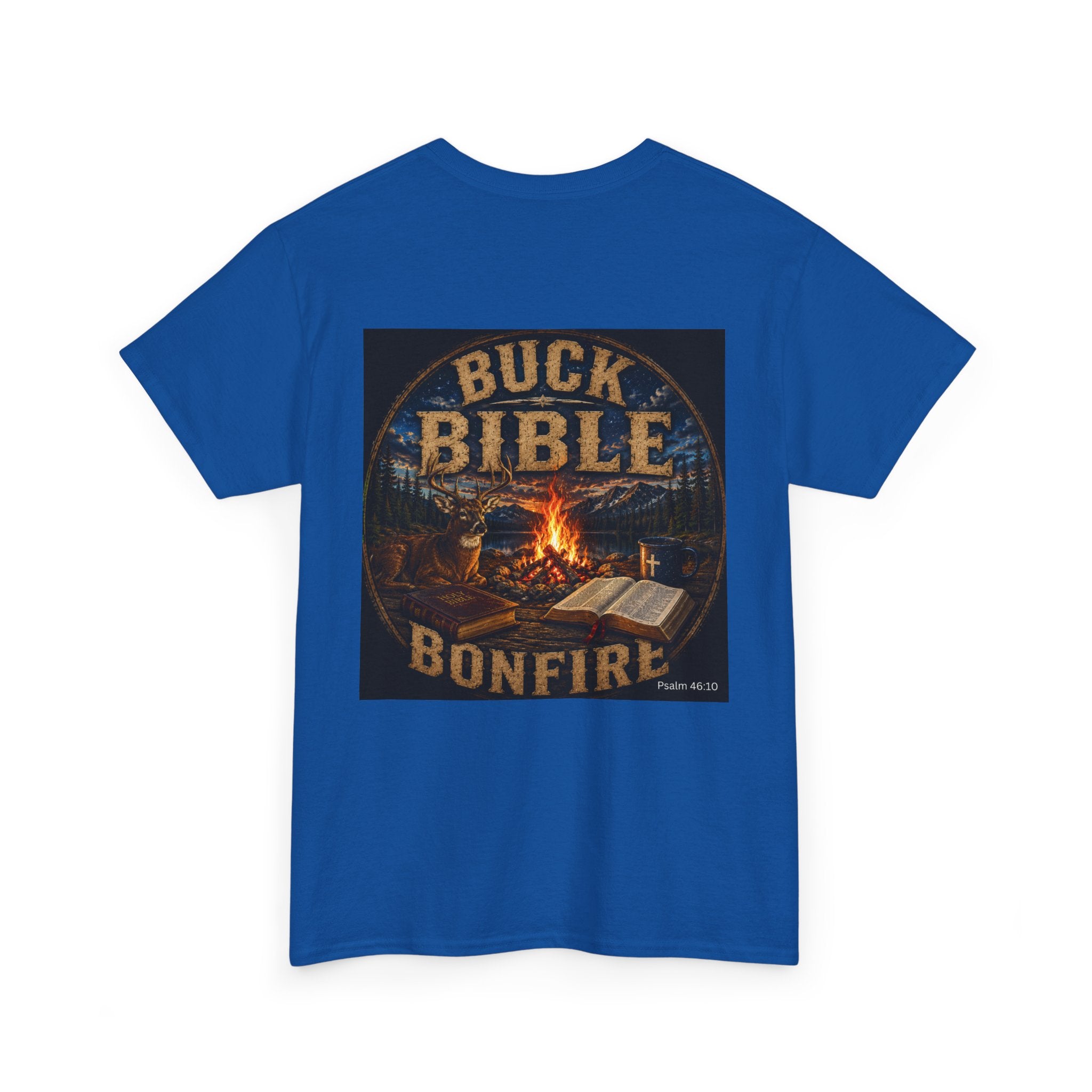 Buck Bible Bonfire Christian Hunting Shirt | Faith Outdoors T-Shirt | Rustic Campfire Deer Unisex Heavy Cotton Tee