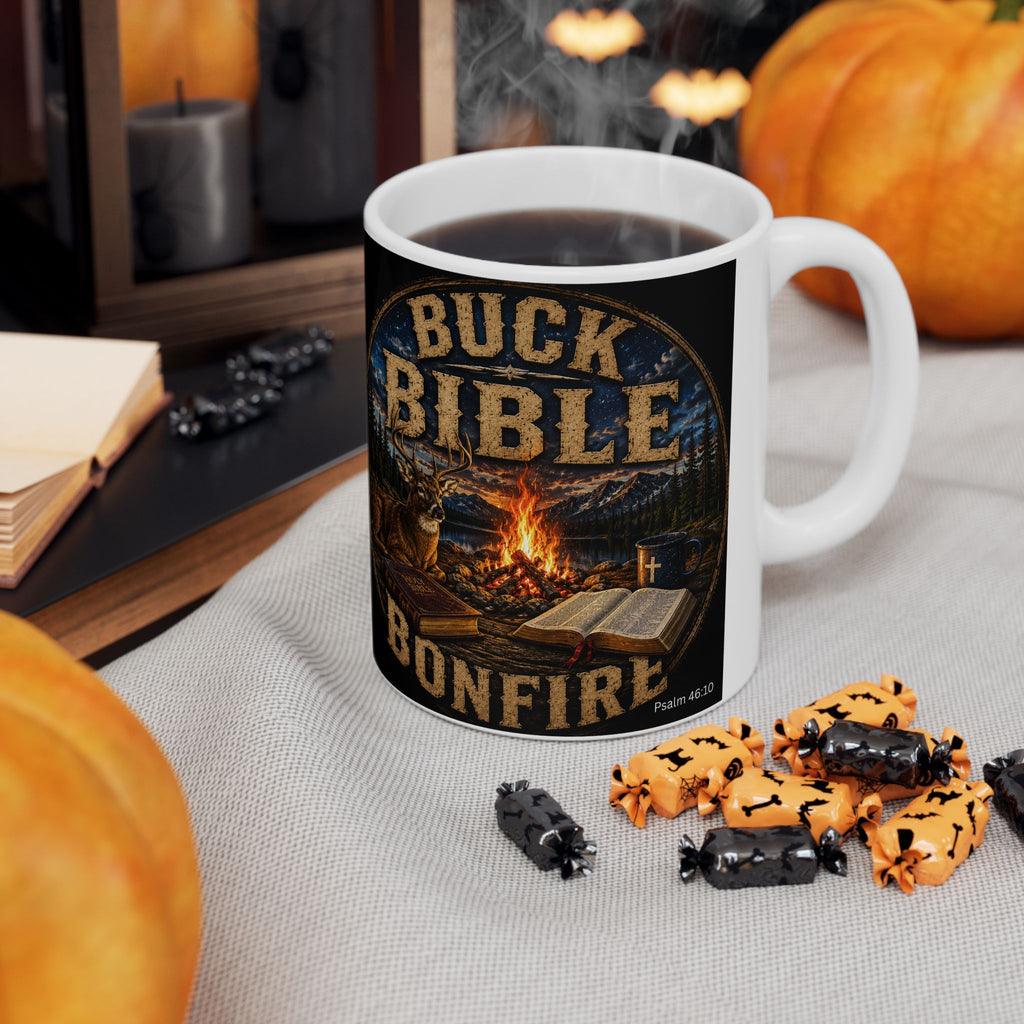 Buck Bible Bonfire Christian Coffee Mug – Faith Inspired Campfire Mug -Ceramic Mug, (11oz, 15oz)