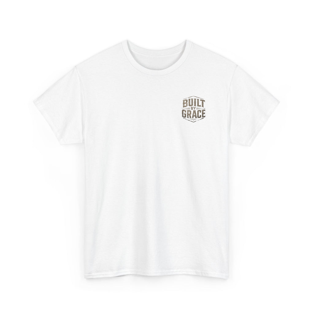 Built By Grace Christian T-Shirt | Rugged Faith-Based Graphic Tee | Inspirational Western Style Unisex Heavy Cotton Tee
