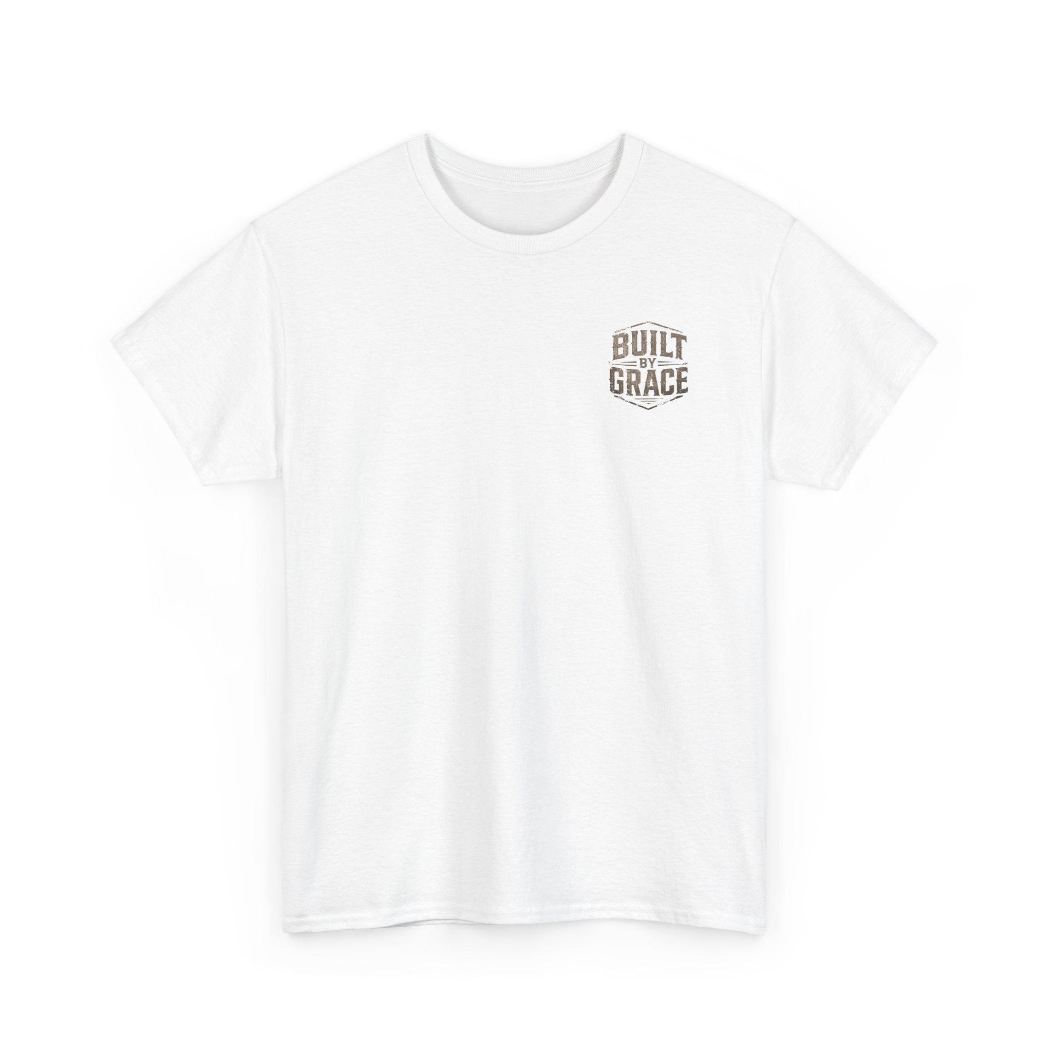 Built By Grace Christian T-Shirt | Rugged Faith-Based Graphic Tee | Inspirational Western Style Unisex Heavy Cotton Tee