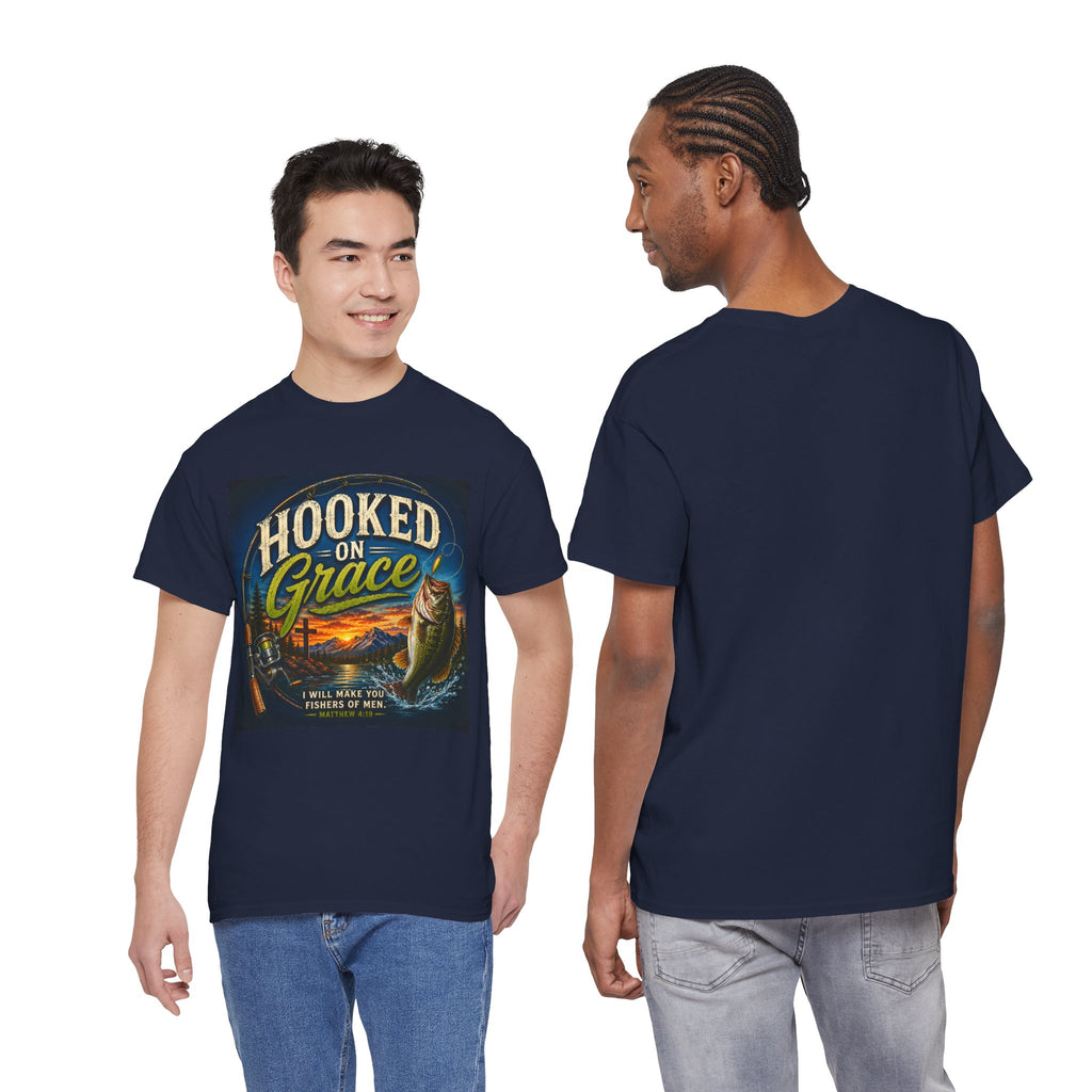 Hooked on Grace Christian Fishing T-Shirt | Faith Based Outdoor Unisex Heavy Cotton Tee