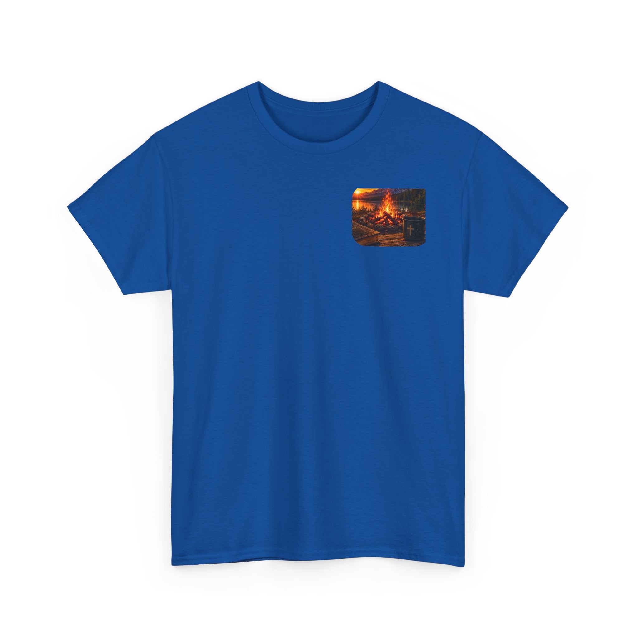 Buck Bible Bonfire Christian Hunting Shirt | Faith Outdoors T-Shirt | Rustic Campfire Deer Unisex Heavy Cotton Tee