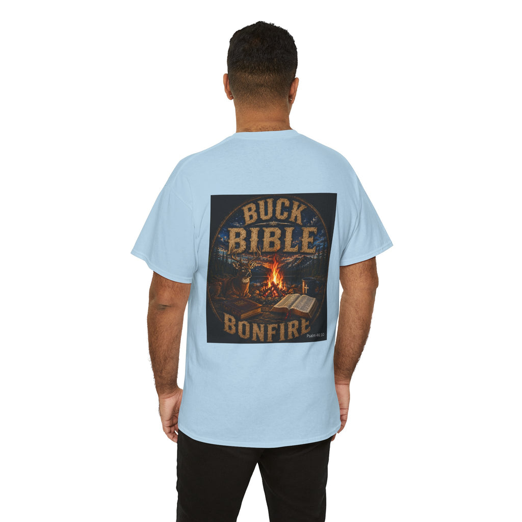 Buck Bible Bonfire Christian Hunting Shirt | Faith Outdoors T-Shirt | Rustic Campfire Deer Unisex Heavy Cotton Tee