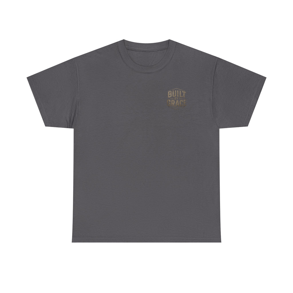 Built By Grace Christian T-Shirt | Rugged Faith-Based Graphic Tee | Inspirational Western Style Unisex Heavy Cotton Tee