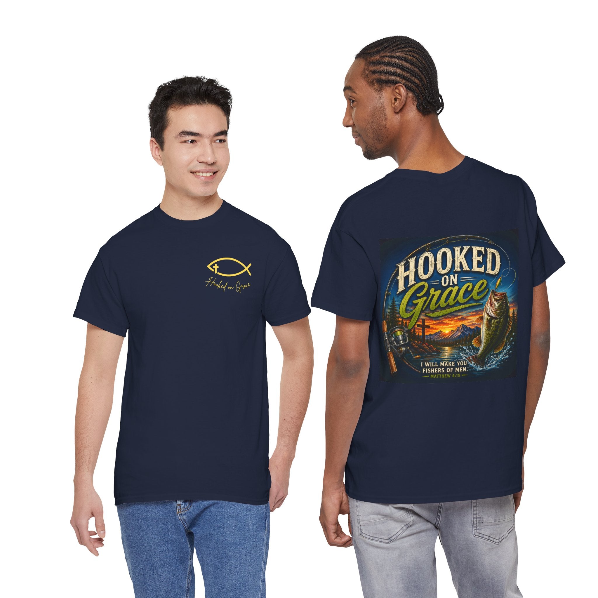 Hooked on Grace Christian Fishing Shirt | Faith-Based Outdoor Tee | Inspirational Fisherman Graphic T-Shirt Unisex Heavy Cotton Tee