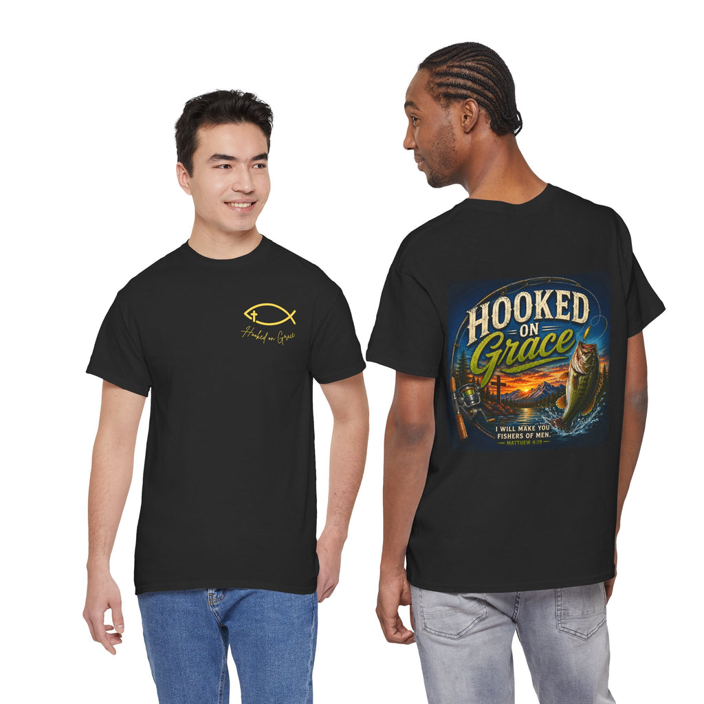 Hooked on Grace Christian Fishing Shirt | Faith-Based Outdoor Tee | Inspirational Fisherman Graphic T-Shirt Unisex Heavy Cotton Tee