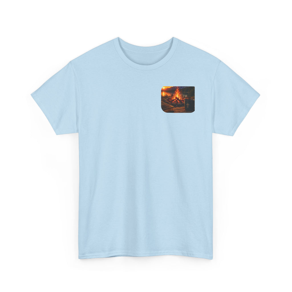 Buck Bible Bonfire Christian Hunting Shirt | Faith Outdoors T-Shirt | Rustic Campfire Deer Unisex Heavy Cotton Tee