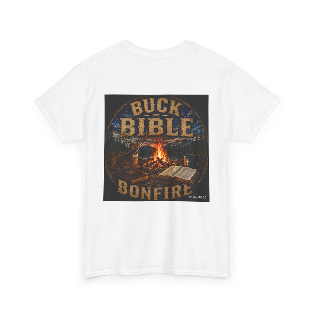 Buck Bible Bonfire Christian Hunting Shirt | Faith Outdoors T-Shirt | Rustic Campfire Deer Unisex Heavy Cotton Tee