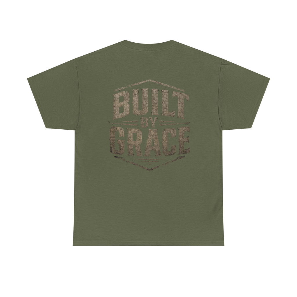 Built By Grace Christian T-Shirt | Rugged Faith-Based Graphic Tee | Inspirational Western Style Unisex Heavy Cotton Tee