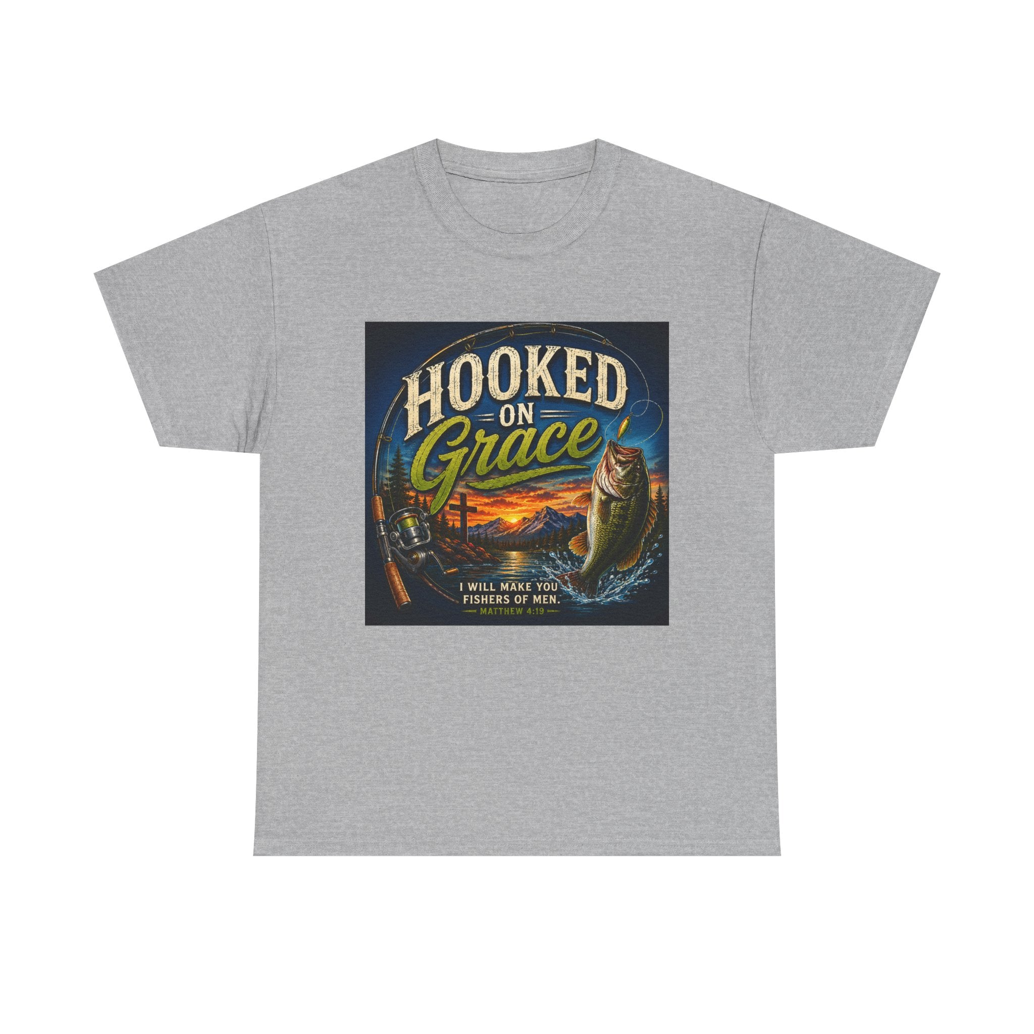 Hooked on Grace Christian Fishing T-Shirt | Faith Based Outdoor Unisex Heavy Cotton Tee
