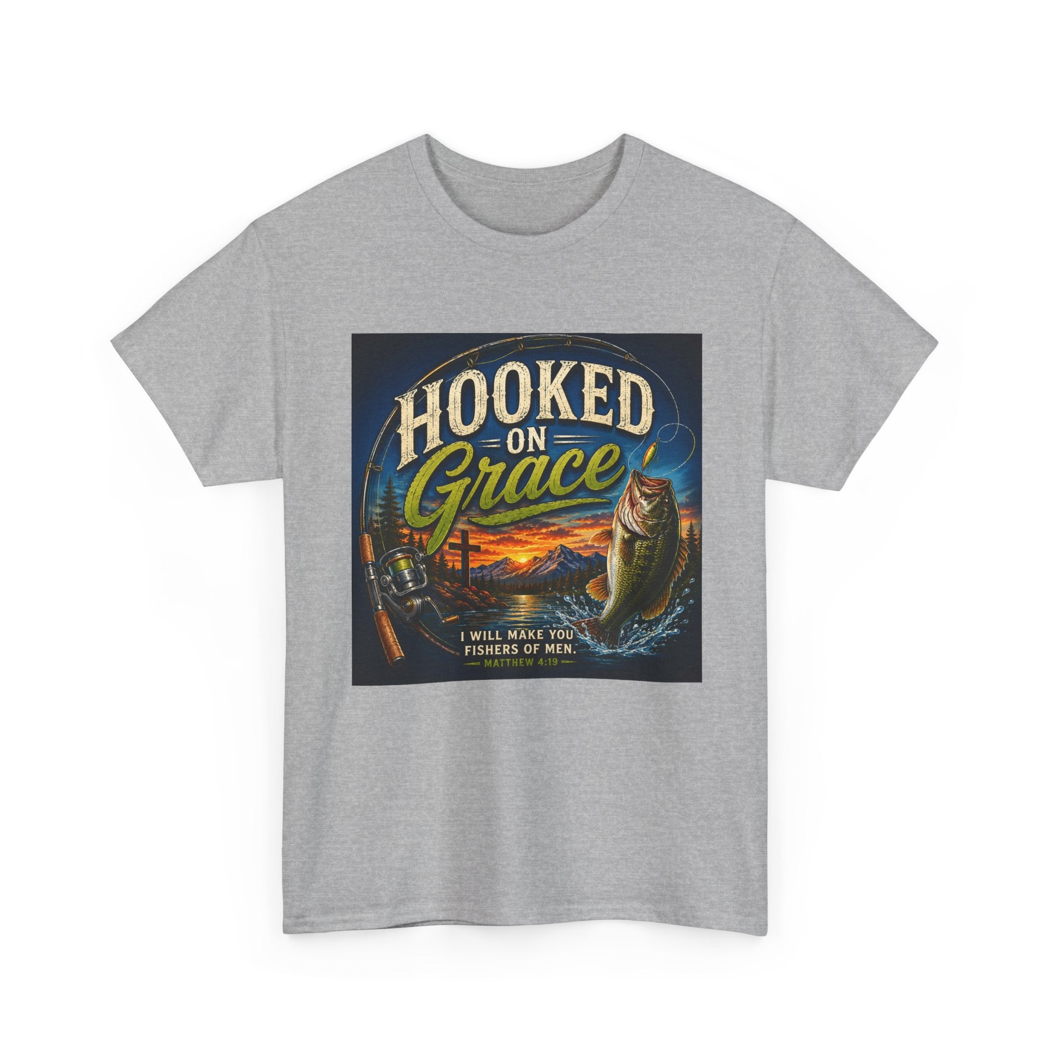 Hooked on Grace Christian Fishing T-Shirt | Faith Based Outdoor Unisex Heavy Cotton Tee