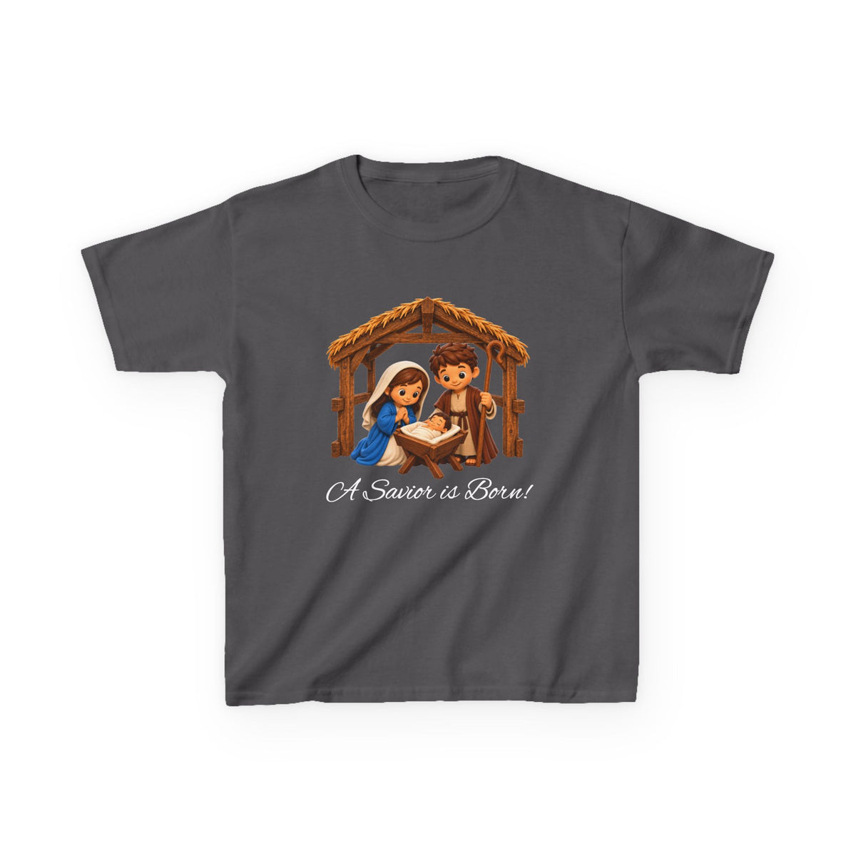 A Savior Is Born Kids Christmas T-Shirt – Nativity Christian Kids Heavy Cotton™ Tee
