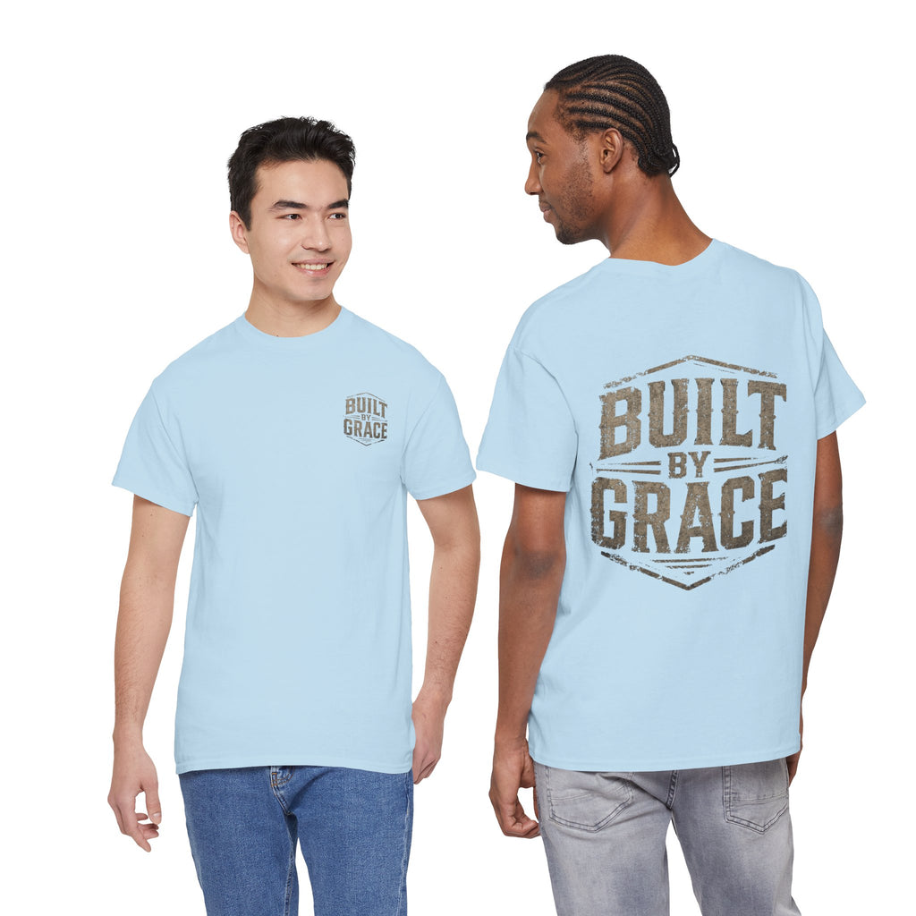 Built By Grace Christian T-Shirt | Rugged Faith-Based Graphic Tee | Inspirational Western Style Unisex Heavy Cotton Tee