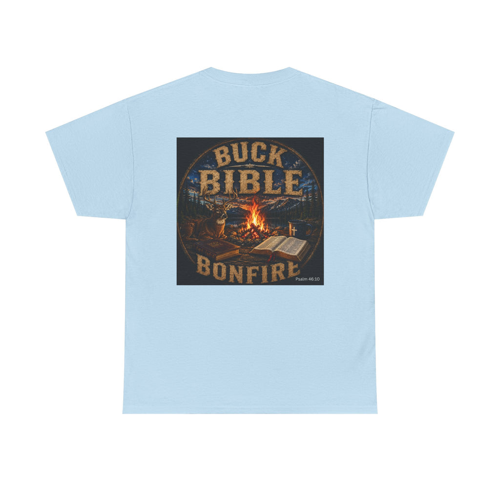 Buck Bible Bonfire Christian Hunting Shirt | Faith Outdoors T-Shirt | Rustic Campfire Deer Unisex Heavy Cotton Tee
