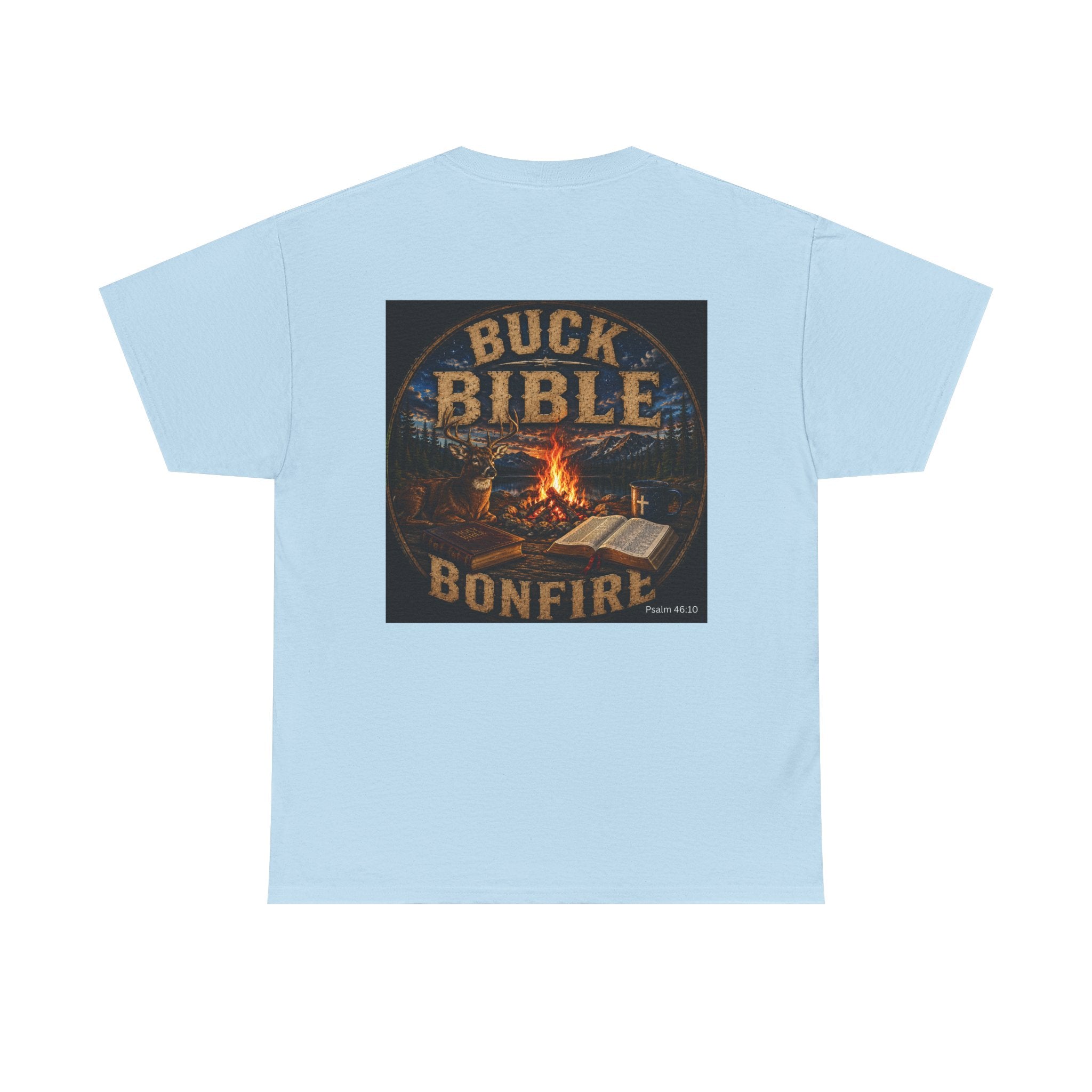Buck Bible Bonfire Christian Hunting Shirt | Faith Outdoors T-Shirt | Rustic Campfire Deer Unisex Heavy Cotton Tee