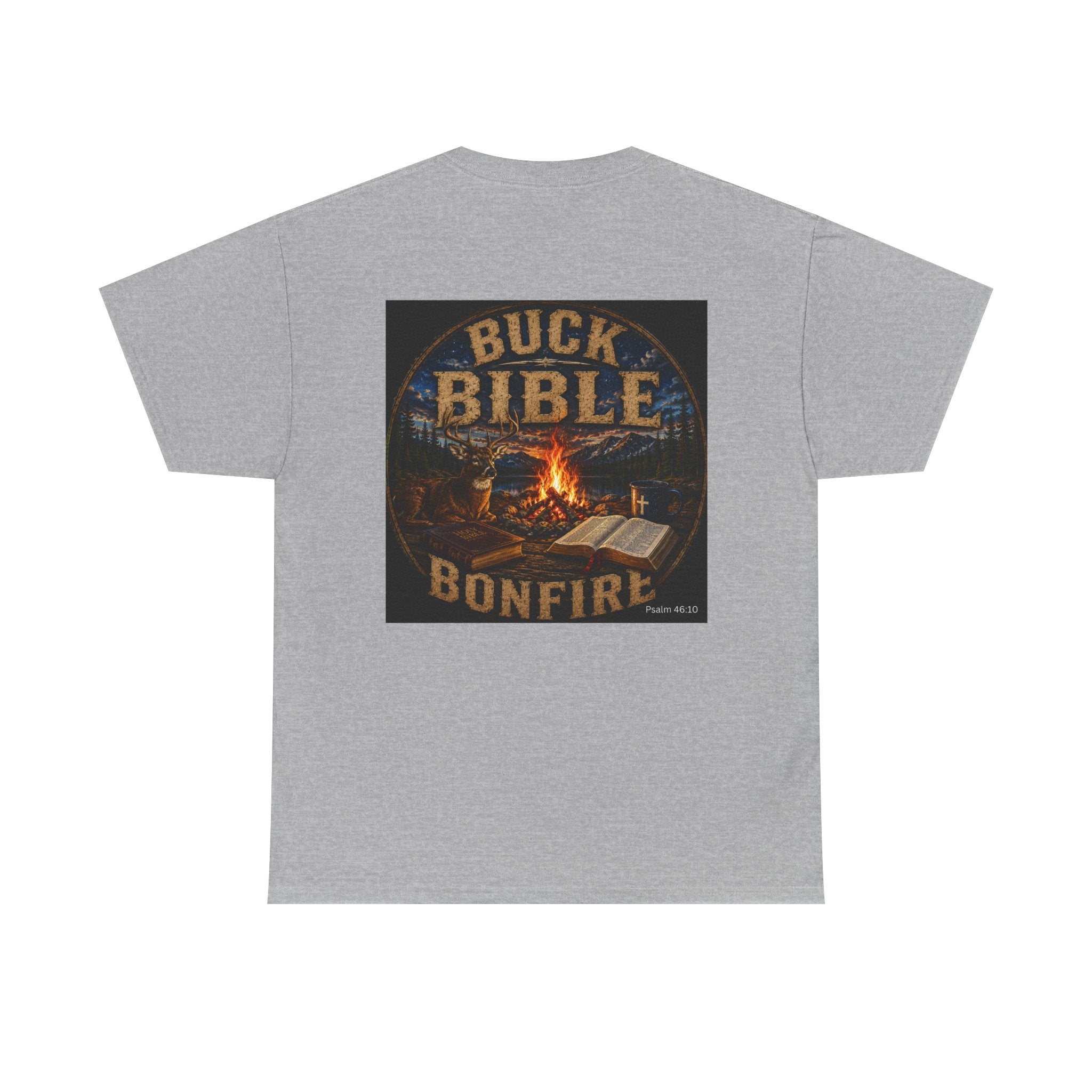 Buck Bible Bonfire Christian Hunting Shirt | Faith Outdoors T-Shirt | Rustic Campfire Deer Unisex Heavy Cotton Tee