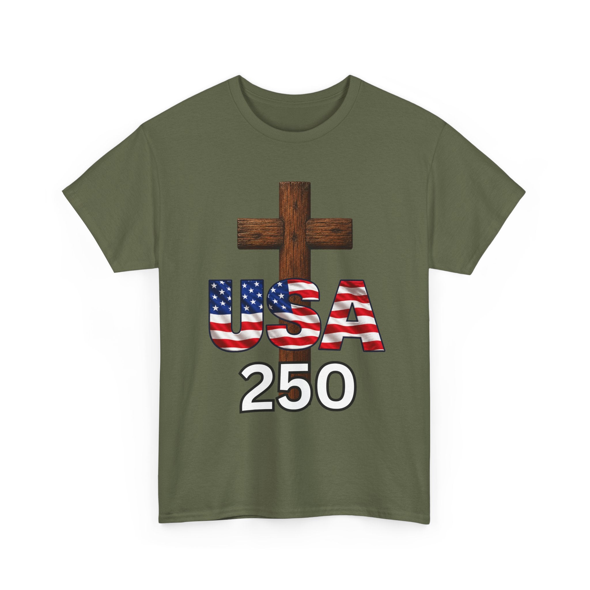USA 250 Christian Patriotic Cross T-Shirt – America’s 250th Anniversary Faith & Freedom Unisex Heavy Cotton Tee