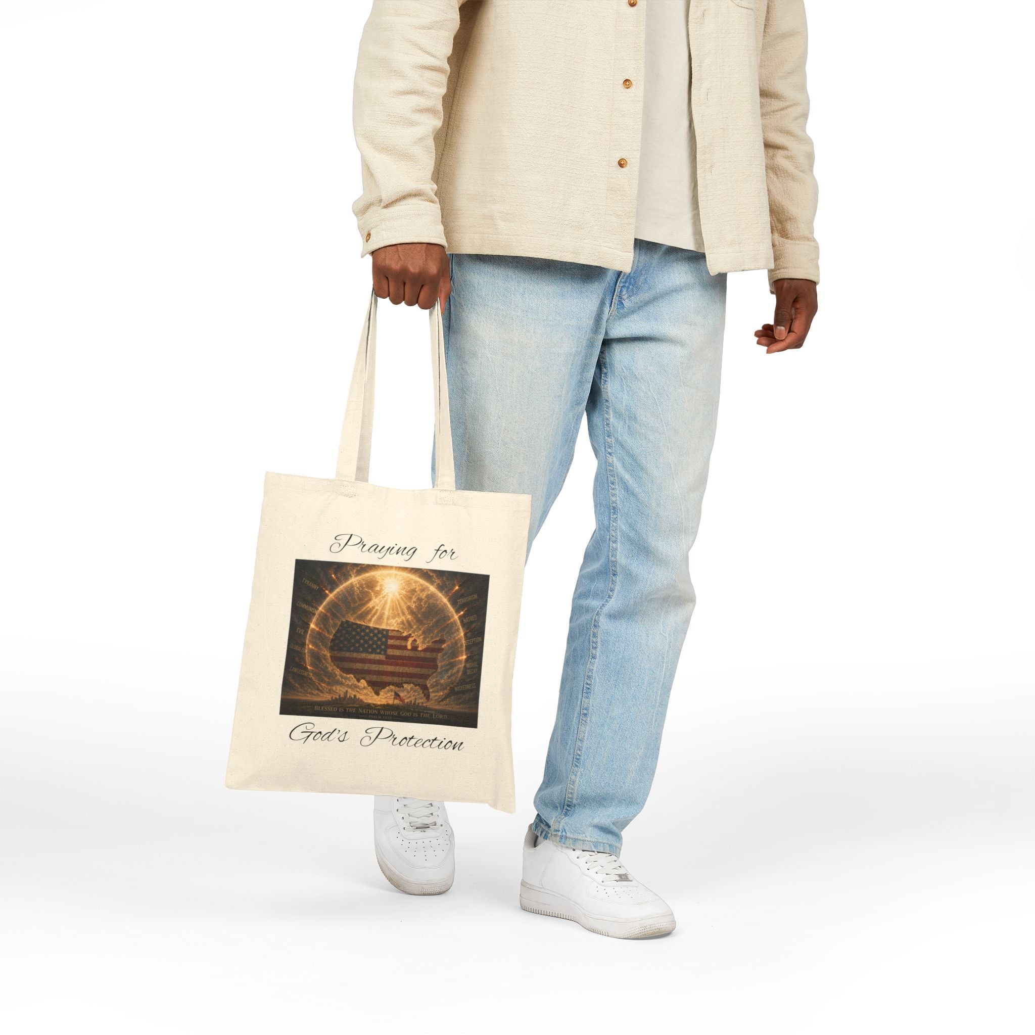 Praying for God’s Protection Patriotic Christian Cotton Tote Bag