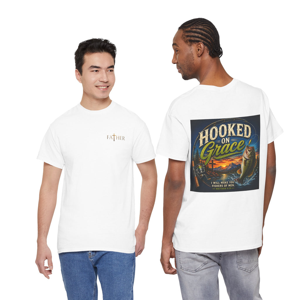 Hooked on Grace Christian Fishing T-Shirt | Faith Based Outdoor Unisex Heavy Cotton Tee